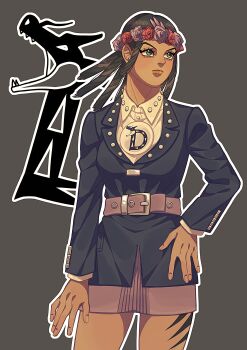 Rule 34 | 1girl, absurdres, belt, belt buckle, black hair, black jacket, breasts, brooch, buckle, collared shirt, commentary, dark-skinned female, dark skin, dragona joestar, dreadlocks, flower, flower wreath, green eyes, grey background, hand on own hip, head wreath, highres, jacket, jewelry, jojo no kimyou na bouken, leg tattoo, long sleeves, looking to the side, male focus, medium breasts, official alternate costume, outline, pink belt, pink skirt, red flower, shirt, siniy, skirt, solo, standing, tattoo, the jojolands, untranslatable commentary, white outline, white shirt