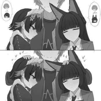 1boy 2girls absurdres animal_ear_fluff animal_ears blush breast_press breasts ellen_joe fox_ears hakama headpat highres hoshimi_miyabi jacket japanese_clothes jewelry large_breasts light_frown maid maid_headdress monochrome multiple_girls namikare necklace necktie sweat symmetrical_docking take_your_pick tooth_necklace wise_(zenless_zone_zero) zenless_zone_zero