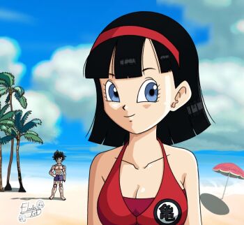 Rule 34 | 1boy, 1girl, abs, beach, biceps, black eyes, black hair, blue eyes, breasts, cleavage, cloud, cloudy sky, couple, dragon ball, dragon ball super, dragon ball super super hero, happy, husband and wife, looking at viewer, muscular, muscular male, ocean, pectorals, sand, sky, smile, son gohan, swimsuit, videl