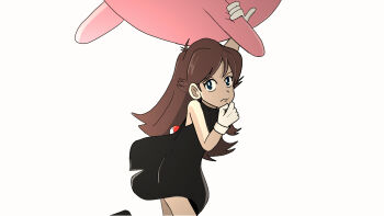 1girl ahoge ankle_boots arm_up armpit_crease bare_shoulders black_boots black_dress blue_eyes boots breasts brown_hair dress eyelashes feet_up female_focus fleeing flying gen_1_pokemon gloves green_(pokemon) hair_between_eyes hand_on_own_face highres holding holding_pokemon jigglypuff long_hair looking_at_viewer medium_breasts nintendo poke_ball pokemon pokemon_(creature) pokemon_adventures purrrloin serious short_dress side_slit sidelocks simple_background sleeveless sleeveless_dress standing thighs tight_clothes tight_dress turtleneck turtleneck_dress waist_poke_ball white_background white_gloves