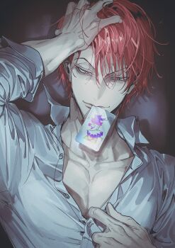 1boy absurdres bikkusama card card_in_mouth closed_mouth collarbone collared_shirt commentary_request hand_on_own_head highres hisoka_morow hunter_x_hunter joker_(playing_card) male_focus mouth_hold partially_unbuttoned pectoral_cleavage pectorals playing_card red_eyes red_hair shirt short_hair solo white_shirt