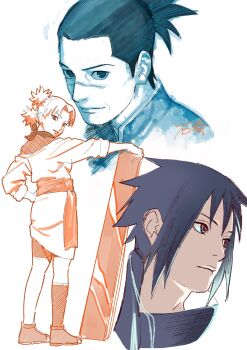 Rule 34 | 1girl, 2boys, black hair, fishnet socks, fishnets, hand on own hip, highres, limited palette, multiple boys, naruto (classic), naruto (series), o hqfu, orange eyes, ponytail, scar, scar on face, scar on nose, sharingan, short ponytail, signature, single sock, socks, temari (naruto), uchiha sasuke, umino iruka