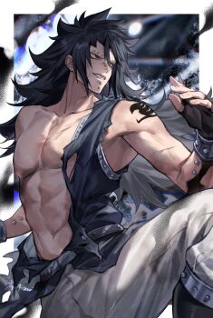 Rule 34 | 1boy, abs, arm piercing, artist name, black gloves, black hair, bracelet, brown eyes, chin piercing, commentary request, dated, ear piercing, face piercing, fairy tail, fairy tail logo, fingerless gloves, gajeel redfox, gloves, grey pants, highres, jewelry, knee up, long hair, looking to the side, male focus, metal bracelet, muscular, muscular male, nose piercing, pants, parted lips, partially undressed, piercing, solo, tattoo, xuchuan
