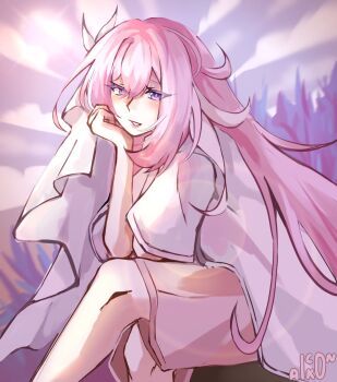 Rule 34 | 1girl, artist name, commentary, commentary request, elysia (herrscher of human: ego) (honkai impact), elysia (honkai impact), highres, honkai (series), honkai impact 3rd, ic0n aik0, long hair, looking at viewer, multicolored hair, official alternate costume, pink hair, pink shorts, purple eyes, purple sky, shirt, shorts, sitting, sky, solo, two-tone hair, veil, very long hair, white hair, white shirt, white veil