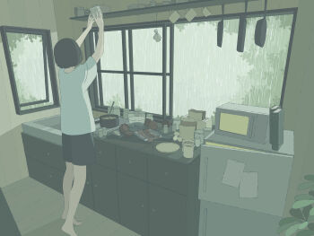 1girl bacon barefoot black_hair black_shorts book bowl cabinet coffee_mug commentary_request cooking_pot cup day egg food fox_mask from_behind frying_pan full_body grey_shirt highres holding holding_jar indoors jar ma_(mamamauuuuu) mask microwave mug open_window original outstretched_arms plate rain reaching refrigerator scenery shelf shirt short_hair short_sleeves shorts slice_of_life solo standing stew t-shirt toaster window