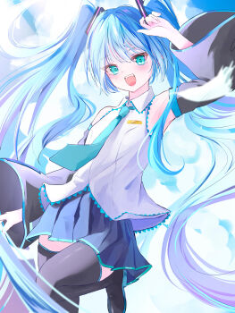 1girl absurdres arm_up black_skirt black_sleeves blue_eyes blue_hair blue_necktie blue_theme blue_trim blush boots collared_shirt commentary_request detached_sleeves foot_out_of_frame hair_between_eyes hair_ornament hatsune_miku highres long_hair long_sleeves miniskirt necktie open_mouth pleated_skirt shirt skirt sleeveless sleeveless_shirt smile solo thigh_boots twintails very_long_hair vocaloid white_shirt wide_sleeves yamamotokeisuke1004