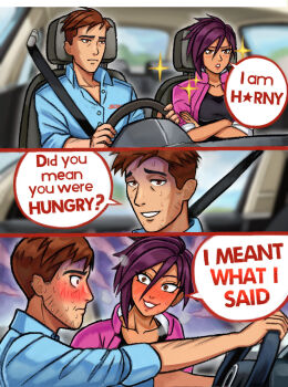 1boy 1girl aroused black_shirt blue_shirt blurry blurry_background blush brown_eyes brown_hair car_interior collarbone collared_shirt commentary crossed_arms dispatch driving english_commentary english_text frown hair_between_eyes highres invisigal_(dispatch) jacket lips long_sleeves looking_at_another neggoartz nervous nervous_sweating parted_lips pink_jacket purple_hair robert_robertson shirt sleeves_rolled_up sparkle speech_bubble sweat wide-eyed