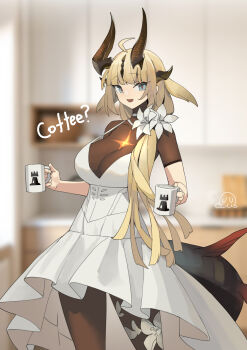 1girl :d absurdres ahoge alternate_breast_size_(larger) arknights blurry blurry_background bodystocking breasts brown_horns brown_pantyhose choker cleavage coffee_mug commentary_request cowboy_shot cup dress drink flower hair_flower hair_ornament highres holding holding_cup holding_drink horns indoors large_breasts looking_at_viewer mug open_mouth pantyhose red_pupils reed_(arknights) reed_the_flame_shadow_(arknights) short_sleeves smile solo standing tail uusquid white_choker white_dress white_flower
