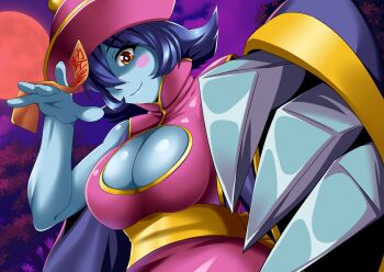1girl blue_hair blue_skin blush_stickers breasts capcom chinese_clothes claws cleavage cleavage_cutout clothing_cutout colored_skin darkstalkers female_focus hair_over_one_eye highres hsien-ko jiangshi large_breasts looking_at_viewer ofuda orange_eyes short_hair solo wavelevel5