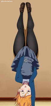 1girl absurdres awkward belt blazer blue_jacket blush box_wonderland brown_shoes covering_crotch covering_privates dress grey_dress handstand highres holding jacket looking_at_viewer love_live! love_live!_superstar!! lycoris_challenge_(meme) lycoris_recoil medium_hair meme one_arm_handstand open_mouth orange_hair pantyhose parody pinafore_dress purple_eyes scene_reference school_uniform shibuya_kanon shoes skirt skirt_tug sleeveless sleeveless_dress smile solo thighs upside-down yuigaoka_school_uniform