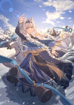 1girl absurdres animal_ear_fluff animal_ears arknights arm_up bell blue_eyes braid closed_mouth day forehead_jewel highres lens_flare long_hair long_sleeves mountain outdoors pramanix_(arknights) pramanix_the_prerita_(arknights) snow_leopard_ears snow_leopard_girl solo tibetan_clothes twin_braids very_long_hair white_hair winter xiamianhaiya