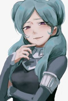 1girl aqua_hair beta_(inazuma_eleven) black_vest bodysuit commentary double_bun finger_to_own_chin grey_bodysuit hair_bun highres inazuma_eleven inazuma_eleven_(series) inazuma_eleven_go inazuma_eleven_go_chrono_stone light_blush long_hair looking_at_viewer no_pupils protocol_omega purple_eyes sea_p_a smile solo vest white_background