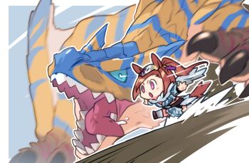 1girl absurdres animal_ears blue_sclera blush brown_hair character_request chibi claws colored_sclera fangs highres horse_ears horse_girl horse_tail long_hair mask mask_on_head monster monster_hunter_(series) old-night open_mouth pelvic_curtain ponytail purple_eyes running sakura_bakushin_o_(umamusume) scarf sharp_teeth tail teeth umamusume wings