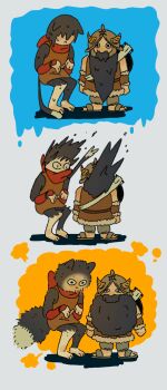 1boy 1girl beard black_hair brown_hair cat_girl cutystuffy deformed dungeon_meshi dwarf facial_hair fake_horns fluff fluffy hair_over_eyes helmet highres horned_helmet horns izutsumi long_beard mustache senshi_(dungeon_meshi) sequential side-by-side thick_mustache very_long_beard wet wet_hair