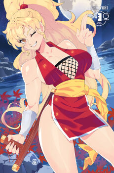 Rule 34 | blonde hair, breasts, capcom, cleavage, final fight, genryuusai maki, highres, large breasts, long hair, official art, one eye closed, sideboob, smile, udon entertainment