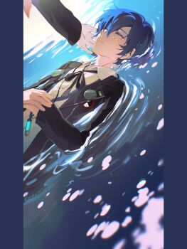 1boy 1girl aigis_(persona) artist_name black_jacket black_ribbon blue_hair chinese_commentary closed_eyes commentary_request dated digital_media_player digital_walkman dress_shirt dutch_angle gekkoukan_high_school_uniform hair_between_eyes hand_on_another&#039;s_cheek hand_on_another&#039;s_face hands_on_own_stomach highres jacket long_sleeves male_focus mechanical_hands open_clothes open_jacket out_of_frame own_hands_together parted_lips partially_submerged persona persona_3 pillarboxed qianyewuli ribbon ripples school_uniform shirt short_hair solo_focus upper_body walkman_nw-s203f water water_drop white_shirt yuuki_makoto_(persona_3)