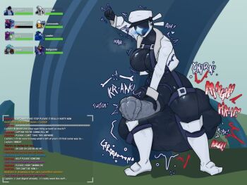 1futa 1girl against_wall alternate_costume animal_penis blush boots breasts breath captain_(risk_of_rain) captured cock_vore commission english_text erection futanari futanari_masturbation genderswap genderswap_(mtf) hat horse_penis huge_penis huge_testicles huntress_(risk_of_rain) jacket large_breasts masturbation military_hat open_clothes open_jacket penis risk_of_rain_(series) risk_of_rain_2 snuff sound_effects testicles text_focus vore