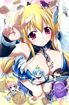 3boys 6+girls :&gt; angel astraea_(sora_no_otoshimono) blonde_hair blue_skirt breasts bridal_gauntlets broken broken_chain chain chibi chibi_inset cleavage closed_eyes closed_mouth clothing_cutout collar daedalus_(sora_no_otoshimono) feathered_wings foreshortening highres ikaros large_breasts man_from_the_judas_stall metal_collar multiple_boys multiple_girls nymph_(sora_no_otoshimono) official_art purple_eyes robot_ears sakurai_tomoki satsukitane_mikako skirt sora_no_otoshimono sugata_eishirou textless_version v v-shaped_eyebrows watanabe_yoshihiro white_wings wings