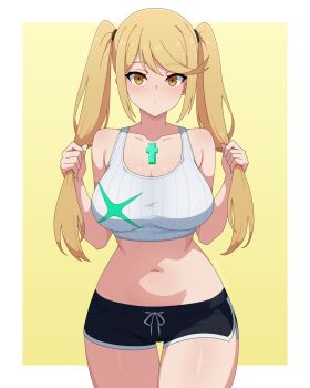 1girl absurdres alternate_hairstyle black_shorts border breasts chest_jewel cleavage closed_mouth collarbone commentary dolphin_shorts grabbing_own_hair guilegaze highres holding holding_own_hair large_breasts long_hair looking_at_viewer midriff mythra_(xenoblade) navel short_shorts shorts solo sports_bra stomach twintails very_long_hair white_border white_sports_bra xenoblade_chronicles_(series) xenoblade_chronicles_2 yellow_eyes