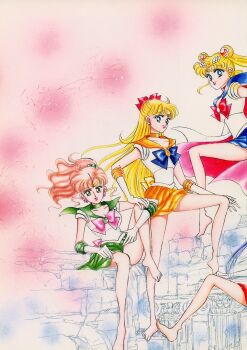 1990s_(style) 3girls absurdres aino_minako architecture artbook barefoot bishoujo_senshi_sailor_moon blonde_hair blue_eyes blue_sailor_collar blue_skirt choker crescent double_bun greco-roman_architecture green_choker green_sailor_collar green_skirt hair_bun highres incredibly_absurdres kino_makoto lips long_hair multiple_girls official_art orange_choker orange_sailor_collar orange_skirt pink_background pink_hair pink_lips pleated_skirt retro_artstyle sailor_collar sailor_jupiter sailor_moon sailor_senshi sailor_senshi_uniform sailor_venus scan skirt takeuchi_naoko tsukino_usagi