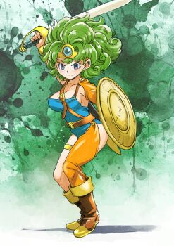 1girl belt blue_eyes blue_leotard blush boots bracelet breasts brown_belt brown_boots cleavage collarbone dragon_quest dragon_quest_iv green_background green_hair headpiece heroine_(dq4) holding holding_shield holding_sword holding_weapon jewelry large_breasts leotard long_hair looking_at_viewer muramasa_mikado orange_thighhighs paint_splatter shield single_thighhigh splatter_background square_enix standing sword thighhighs weapon