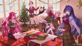 5girls :3 :d aburage_(motimotigg20) animal_ears asymmetrical_wings black_bow black_shoes blonde_hair blue_eyes blue_hair blue_streaks bow breasts brown_dress brown_hat brown_jacket brown_shorts christmas christmas_tree collared_shirt colored_inner_hair commentary_request copyright_name couch crystal_wings cup dark_skin dog_ears dog_girl dog_tail double_halo dress food frilled_shirt_collar frilled_skirt frills full_body fuwawa_abyssgard gigi_murin green_socks hair_intakes halo hand_up hat heterochromia holding holding_cup holding_food hololive hololive_english horns irys_(hololive) jacket jacket_on_shoulders kneehighs kneeling large_breasts long_hair long_skirt looking_at_viewer miniskirt mismatched_wings mococo_abyssgard multicolored_hair multiple_girls official_art on_couch on_floor one_side_up open_mouth ouro_kronii pinafore_dress pink_eyes pink_streaks pizza plaid_clothes plaid_hat plaid_skirt pointy_ears purple_eyes purple_hair purple_shirt purple_skirt purple_sweater ribbed_socks ribbed_sweater ribbed_thighhighs shirt shoes short_hair short_shorts shorts siblings sidelocks sisters sitting skirt sleeveless sleeveless_dress smile socks standing star_halo streaked_hair sweater sweater_tucked_in tail thighhighs turtleneck turtleneck_sweater twins two-tone_hair two_side_up very_long_hair virtual_youtuber wavy_hair white_jacket white_shirt white_shoes white_socks white_thighhighs wings