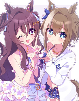 2girls ame_(a_10ii) animal_ears bare_shoulders bikini bikini_shorts bikini_skirt blue_bikini blue_eyes blue_swim_trunks blush braid breasts brown_hair cheval_grand_(summer_calm_navy_drop)_(umamusume) cheval_grand_(umamusume) closed_mouth collarbone ear_ornament floral_print floral_print_bikini frilled_bikini frills hair_between_eyes half_up_braid half_up_half_down_braid heart heart_hands heart_necklace highres horse_ears horse_girl horse_tail jacket jewelry long_hair looking_at_viewer mole mole_under_eye multicolored_hair multiple_girls necklace official_alternate_costume official_alternate_hairstyle one_eye_closed open_mouth pink_bikini print_bikini purple_bikini ruffle_bikini shorts simple_background small_breasts smile star_(symbol) star_necklace stomach streaked_hair swimsuit tail umamusume vivlos_(eclat_d'ete)_(umamusume) vivlos_(umamusume) white_streaks
