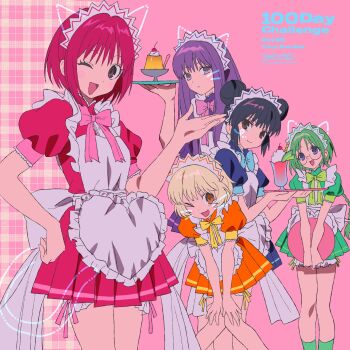 Rule 34 | 5girls, aizawa mint, apron, betti (xx betti), black hair, blonde hair, blue eyes, blue skirt, brown eyes, drawn ears, drawn tail, fong pudding, fujiwara zakuro, green hair, green skirt, hand on own hip, highres, holding, holding tray, maid, maid apron, maid headdress, midorikawa lettuce, momomiya ichigo, multiple girls, one eye closed, orange skirt, pink background, pink skirt, pleated skirt, puffy short sleeves, puffy sleeves, purple eyes, purple hair, red hair, short sleeves, simple background, skirt, tokyo mew mew, tray