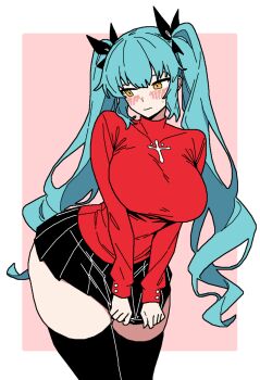 1girl absurdres aqua_hair black_skirt black_thighhighs blush border breasts commentary cosplay cowboy_shot cross cross_print curvy embarrassed english_commentary fate/stay_night fate_(series) game_slayer1000 goddess_of_victory:_nikke hair_ribbon highres large_breasts long_hair long_sleeves looking_to_the_side miniskirt pink_background pleated_skirt privaty_(nikke) red_sweater ribbon sidelocks simple_background skirt skirt_tug solo sweatdrop sweater thighhighs thighs tohsaka_rin tohsaka_rin_(cosplay) turtleneck twintails very_long_hair white_border wide_hips yellow_eyes zettai_ryouiki