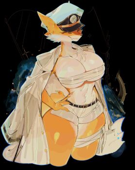 1girl animal_ears black_background body_fur breasts budget_sarashi chest_sarashi cleavage closed_eyes closed_mouth coat coat_on_shoulders commentary commission cropped_legs curvy fang fexen_(number6boi) fox_ears fox_girl furry furry_female hand_on_own_hip hat highres lab_coat large_breasts original peaked_cap sarashi short_shorts shorts skin_fang smile snout solo symbol-only_commentary usa37107692 white_hat white_shorts yellow_fur