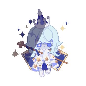 1other androgynous blue_eyes blue_hair blue_hat blue_ribbon boots bright_pupils card check_gender chibi closed_mouth colored_eyelashes colored_skin commentary cookie_run cookie_run:_kingdom crown dress expressionless frown gender_request grey_skin hair_between_eyes hat hexagram holding holding_staff long_dress long_hair mismatched_pupils mycookie other_focus playing_card pleated_dress print_dress reed ribbon simple_background solo sparkle staff standing star-shaped_pupils star_(symbol) star_print symbol-only_commentary symbol-shaped_pupils white_background white_boots white_crown white_dress white_pupils