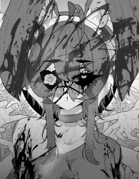Rule 34 | 1girl, absurdres, ahoge, animal ear fluff, animal ears, blood, blood on clothes, blood on face, blood splatter, broken eyewear, choker, closed mouth, colored sclera, commentary, double-parted bangs, english commentary, eyepatch, greyscale, heart, heart eyepatch, highres, looking at viewer, mayoa, mayochan, medium hair, monochrome, original, rabbit ears, rabbit girl, shirt, sidelocks, single bare shoulder, solo, straight-on, sunglasses, upper body