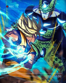Rule 34 | 2boys, absurdres, broonoart, cell (dragon ball), dougi, dragon ball, dragonball z, fighting stance, highres, kamehameha (dragon ball), male focus, multiple boys, orange pants, pants, saiyan, son goku, spiked hair, super saiyan, super saiyan 1