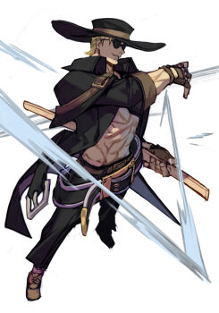1boy abs arm_up belt black_hat black_jacket black_pants blonde_hair brown_gloves brown_shoes clothing_cutout cowboy_hat fingerless_gloves full_body glasses glove_cutout gloves guilty_gear guilty_gear_strive hat hungry_clicker jacket johnny_(guilty_gear) large_belt multiple_belts opaque_glasses open_clothes open_jacket pants sheath sheathed shoes short_hair simple_background solo standing sunglasses sword weapon white_background