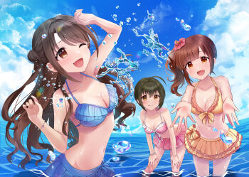 3girls arm_up bare_arms bikini bikini_skirt blue_bikini blush bracelet breasts brown_hair cleavage closed_mouth cloud cloudy_sky collarbone commentary_request flower frilled_bikini frills green_hair hair_between_eyes hands_on_own_knees highres idolmaster idolmaster_cinderella_girls idolmaster_cinderella_girls_starlight_stage igarashi_kyoko jewelry kohinata_miho leaning_forward looking_at_another medium_breasts multiple_girls navel one_eye_closed open_mouth orange_eyes pink_bikini pink_check_school_(idolmaster) pink_flower sakura_ran shimamura_uzuki short_hair side_ponytail sky smile swimsuit yellow_bikini