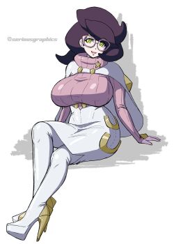 1girl arm_support artist_name big_hair boots breasts capelet commentary_request glasses green_eyes high-waist_skirt high_heel_boots high_heels highres large_breasts long_sleeves mature_female medium_skirt nintendo pencil_skirt pink-framed_eyewear pink_sweater pokemon pokemon_sm purple_hair ribbed_sweater serious_graphics short_hair skirt smile solo sweater thigh_boots turtleneck turtleneck_sweater white_boots white_capelet white_skirt wicke_(pokemon)