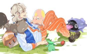 1boy :d arven_(pokemon) blue_vest boots brown_hair capsakid ch_walnut closed_eyes eyelashes gen_1_pokemon gen_8_pokemon grass happy highres light_blush long_hair male_focus nacli necktie nintendo open_clothes open_mouth open_vest orange_necktie orange_pants pants poke_ball poke_ball_(basic) pokemon pokemon_(creature) pokemon_sv school_uniform shellder shirt skwovet smile teeth toedscool vest white_shirt