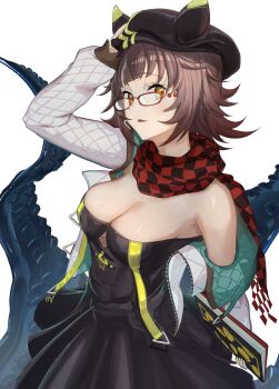1girl absurdres arknights black_dress black_scarf breasts brown_hair checkered_clothes checkered_scarf cleavage deepcolor_(arknights) dress etobane glasses hat highres holding holding_sketchbook jacket looking_at_viewer medium_breasts open_clothes open_jacket red-framed_eyewear red_scarf scarf short_hair sketchbook solo tentacles two-tone_scarf white_jacket yellow_eyes
