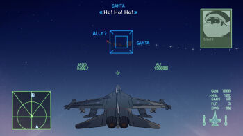 1boy ace_combat acea4 aircraft airplane christmas english_text f-ck-1 fake_screenshot fighter_jet hat highres military_vehicle minimap night reindeer santa_claus santa_hat sky sleigh user_interface