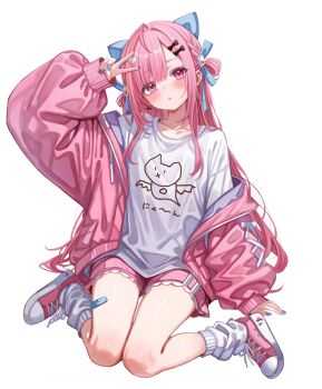 1girl :o absurdres animal_print bandaid_on_thigh black_bow blue_nails blue_ribbon blush bow bow_earrings cat_print collarbone comiket_107 commentary_request earrings fingernails ghost_hair_ornament hair_bow hair_ornament hair_ribbon hair_rings head_tilt heart heart_hair_ornament highres indie_virtual_youtuber jacket jewelry leg_warmers long_hair long_sleeves looking_at_viewer nail_polish open_clothes open_jacket open_mouth pink_eyes pink_hair pink_jacket pink_shoes pink_shorts print_shirt ribbon sa-ya2 shirt shoes shorts simple_background sitting sleeves_past_wrists sneakers solo thighs transparent_background v virtual_youtuber wariza white_leg_warmers white_shirt yuuki_sakuna