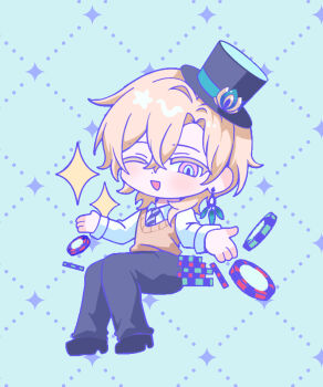 Rule 34 | 1boy, :d, alternate costume, aventurine (honkai: star rail), black hat, black necktie, black pants, black shoes, blonde hair, blue eyes, chibi, chibi only, dd bsd, diagonal-striped clothes, diagonal-striped necktie, dot nose, full body, hat, highres, honkai: star rail, honkai (series), light blush, long sleeves, male focus, mini hat, mini top hat, multicolored eyes, necktie, one eye closed, open mouth, outstretched arms, pants, pastel colors, poker chip, purple eyes, school uniform, shirt, shoes, short hair, sitting, smile, solo, sparkle, striped clothes, top hat, two-tone eyes, vest, white shirt, yellow vest