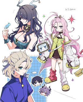 ... 2girls 3boys ahoge aino_(genshin_impact) albedo_(genshin_impact) antlers aqua_eyes bandaid bandaid_on_leg bangs_pinned_back bare_shoulders bird bird_on_hand birgitta_(genshin_impact) black_choker black_dress black_hair black_horns blonde_hair bloomers blue_shirt blush blush_stickers braid breasts chibi choker choppy_bangs cleavage closed_mouth coat collarbone colored_eyelashes crossed_bangs deer_antlers dragon_horns dress durin_(genshin_impact) earrings expressionless forehead genshin_impact gold_earrings green_dress grey_eyes grey_hair hair_between_eyes hair_intakes hair_ornament hair_over_one_eye hairclip half_up_half_down_braid halter_dress halterneck hand_up highres horns huge_ahoge ineffa_(genshin_impact) jewelry lab_coat large_breasts lauma_(genshin_impact) long_hair long_sleeves looking_at_viewer loose_socks medium_hair mismatched_socks multiple_boys multiple_girls notice_lines off_shoulder one_eye_covered open_clothes open_coat open_mouth outline parted_bangs pink_hair pink_socks pointy_ears purple_eyes purple_hair red_eyes scaramouche_(genshin_impact) screw_hair_ornament shirt short_hair short_sleeves sidelocks single_hair_intake sleeveless sleeveless_dress sleeves_past_fingers sleeves_past_wrists slippers smile socks sparkle speech_bubble spoken_ellipsis standing ttuyer0 underwear upper_body very_long_hair vision_(genshin_impact) wanderer_(genshin_impact) white_background white_coat white_outline white_socks wrist_cuffs x_hair_ornament yellow_slippers