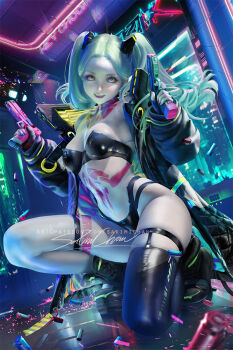 1girl adapted_costume aqua_eyes aqua_hair artist_name bikini black_bikini body_markings boots breasts bullet cyberpunk_(series) cyberpunk:_edgerunners fingerless_gloves full_body garter_straps gloves gun holding holding_weapon jacket latex medium_breasts nails neon_lights on_one_knee pale_skin realistic rebecca_(cyberpunk) sakimichan signature smile swimsuit thighhighs twintails weapon window