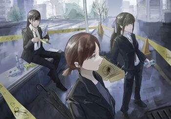 3girls bin_jiang black_hair bottle brown_hair commentary highres holding holding_umbrella holding_water_gun long_hair multiple_girls necktie original ponytail traffic_cone tree umbrella water_bottle water_gun