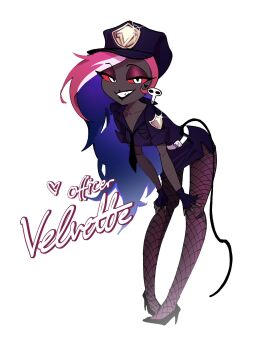 Rule 34 | 1girl, alternate costume, belt, bent over, black gloves, black necktie, black shirt, black skirt, breasts, colored sclera, dark-skinned female, dark skin, earrings, fingerless gloves, fishnet pantyhose, fishnets, gloves, grin, hat, hazbin hotel, hellaverse, high heels, highres, jewelry, multicolored hair, necktie, pantyhose, pink hair, police, police hat, police uniform, policewoman, red sclera, shirt, shoes, short sleeves, simple background, skirt, skull earrings, small breasts, smile, teeth, two-tone hair, velvette (hazbin hotel), white belt, white eyes, white hair, yunnzaii