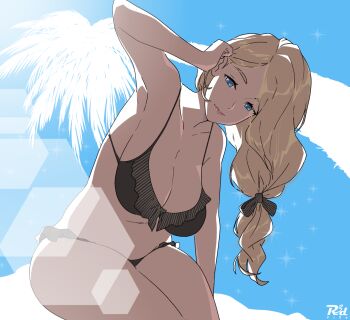1girl armpits bikini black_bikini blonde_hair blue_eyes breasts cleavage day fire_emblem fire_emblem:_three_houses highres large_breasts long_hair looking_at_viewer low-tied_long_hair mercedes_von_martritz nintendo outdoors palm_tree r3dfive sitting solo sparkle swimsuit thighs tree