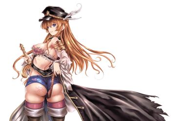 1girl armpits ass ass_tattoo back belt blue_eyes boots braid breasts brown_hair female_focus from_behind granblue_fantasy hat heart lecia_(granblue_fantasy) long_hair looking_at_viewer looking_back medium_breasts nipple_slip nipples pink_thighhighs short_shorts shorts side_braid simple_background solo sweat sword tattoo thigh_boots thighhighs uguisu_kagura weapon white_background