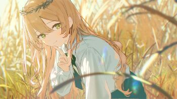 1girl ashima_(roro046) blonde_hair blurry blurry_foreground blush closed_mouth collared_shirt field finger_to_cheek grass green_eyes green_necktie green_skirt hair_between_eyes leaning_forward long_hair long_sleeves looking_at_viewer necktie original outdoors shirt skirt smile solo upper_body white_shirt