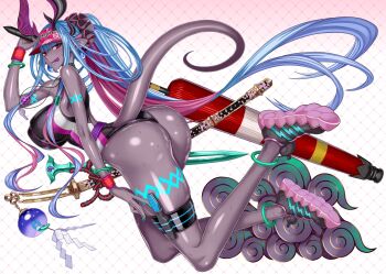 Rule 34 | 1girl, aqua nails, ass, black horns, body markings, breasts, colored skin, colored tongue, curvy, dark-skinned female, dark skin, dragon girl, fate/grand order, fate (series), full body, grey skin, highleg, highleg one-piece swimsuit, highres, honjou raita, horns, huge ass, huge breasts, ibuki douji (fate), ibuki douji (swimsuit berserker) (fate), ibuki douji (swimsuit berserker) (first ascension) (fate), long hair, looking back, looking to the side, multicolored horns, multiple horns, nail polish, oil-paper umbrella, one-piece swimsuit, oni, pink horns, pointy ears, purple tongue, shiny skin, shoes, smile, sneakers, tail, textless version, thong one-piece swimsuit, tongue, tongue out, umbrella, very long hair, wet, wide hips