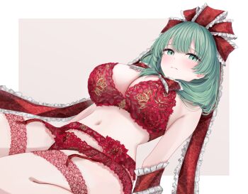 1girl blush bra closed_mouth commentary_request floral_print floral_print_bra floral_print_panties green_eyes green_hair kagiyama_hina long_hair looking_at_viewer panties print_panties red_bra red_panties sarasadou_dan smile solo touhou underwear underwear_only